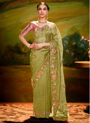 Fancy Fabric Embroidered Green Classic Saree