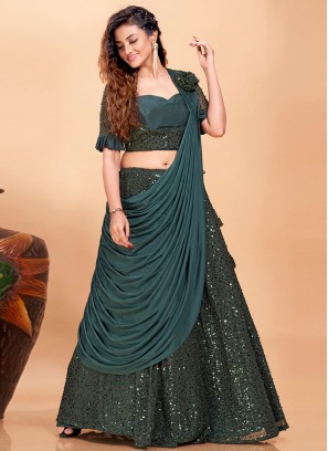 Fancy Fabric Embroidered Readymade Lehenga Choli in Green