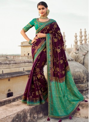 Fancy Fabric Lace Brown and Green Contemporary Saree