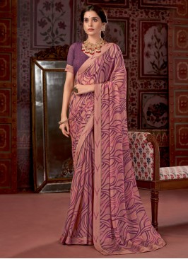 Fancy Fabric Print Contemporary Style Saree in Pin