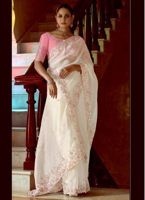 Fancy Fabric Stone White Contemporary Saree