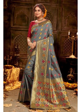 Fancy Grey Indian Saree In Silk