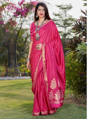 Fancy Saree In Pink Color Banarasi Silk Fabric