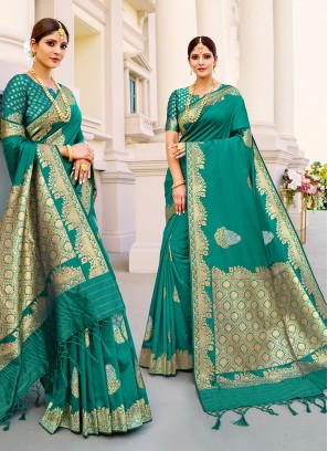 Fancy Silk Saree In Green Color