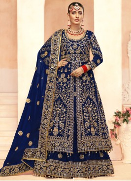 Fantastic Blue Velvet Long Choli Lehenga