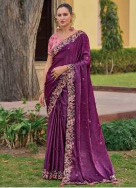Fantastic Embroidered Purple Silk Contemporary Sar