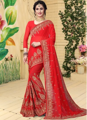 Fantastic Embroidered Red Georgette Designer Saree