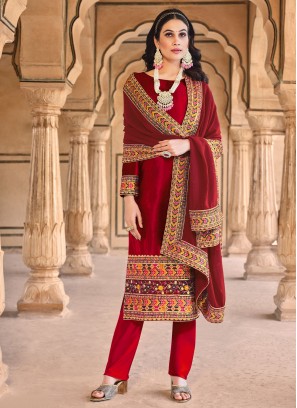 Fantastic Embroidered Red Straight Salwar Kameez 