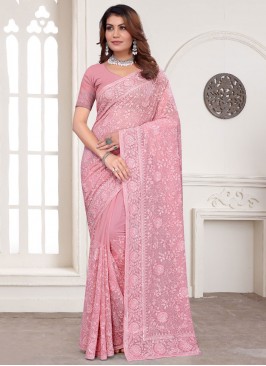 Fantastic Resham Pink Georgette Trendy Saree