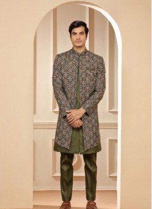 Fantastic Silk Brown And Green Printed Indowestern Suit