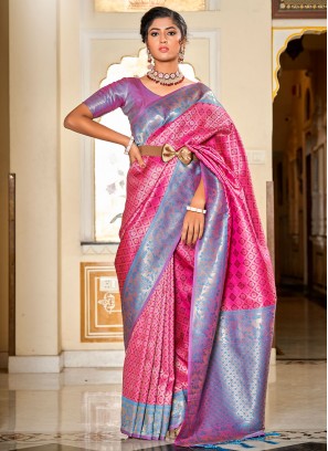 Fascinating Banarasi Silk Jacquard Work Pink Contemporary Saree