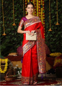 Fascinating Banarasi Silk Red Woven Contemporary Saree