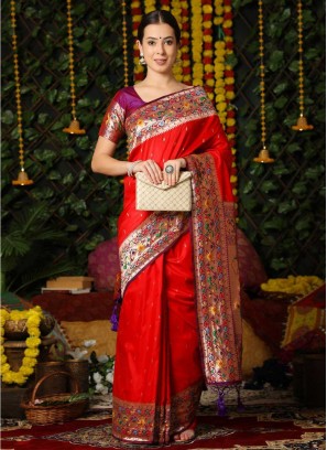 Fascinating Banarasi Silk Red Woven Contemporary Saree