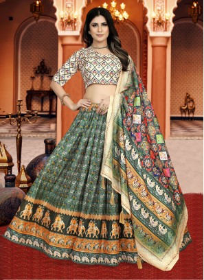 Fascinating Green Digital Print Silk Lehenga Choli