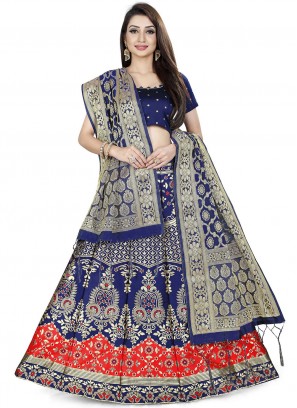Fascinating Navy Blue Jacquard Work Banarasi Silk A Line Lehenga Choli