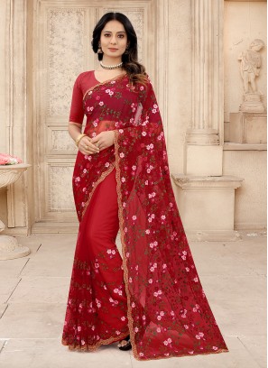 Fascinating Net Zircon Red Contemporary Style Saree