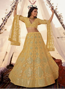 Fascinating Yellow Thread Organza A Line Lehenga Choli