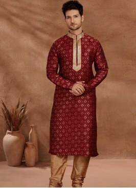 Fashionable Marron and Chikoo Men's Kurta Pajama Set.