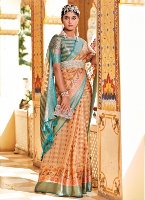 Fashionable Blue and Peach Tissue Trendy Saree