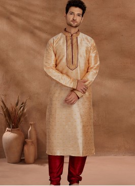 Fashionable Gold and Marron Men's Kurta Pajama Set.