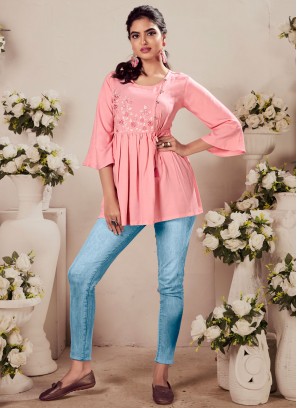Fashionable Embroidered Pink Rayon Party Wear Kurti