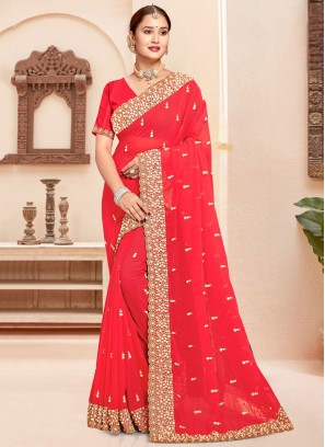 Fashionable Georgette Red Border Designer Saree
