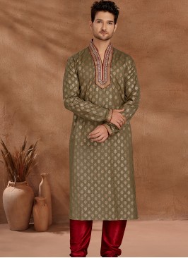 Fashionable Mehandi and Marron Men's Kurta Pajama Set.