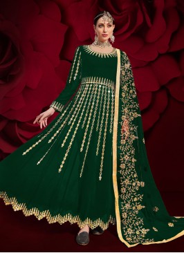 Fashionable Green Faux Georgette Floor Length Anarkali Suit