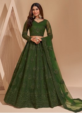 Fashionable Green Net A Line Lehenga Choli