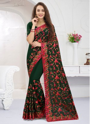 Fashionable Green Resham Georgette Traditional Saree