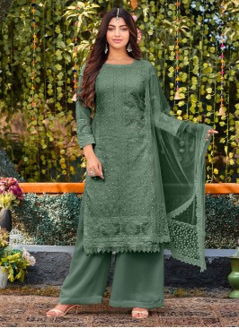 Fashionable Green Thread Work Cotton Palazzo Salwar Kameez