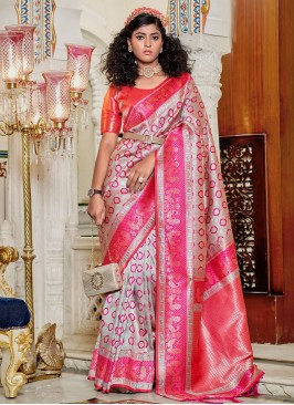 Fashionable Grey and Hot Pink Weaving Banarasi Silk Contemporary Saree