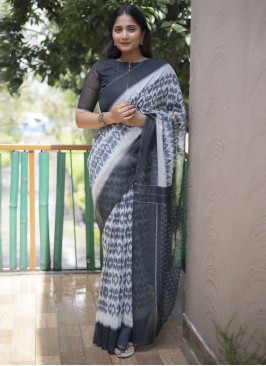 Fashionable Grey and White Digital Print Saree