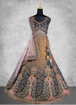 Fashionable Grey Zari Raw Silk A Line Lehenga Choli