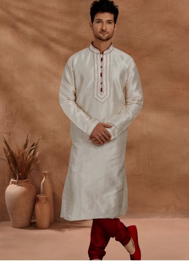 Fashionable Cream and Chikoo Men's Kurta Pajama Set.