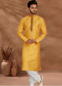 Fashionable Yellow and Off White Men's Kurta Pajama Set.