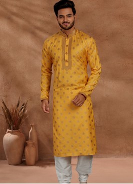 Fashionable Yellow and Chikoo Men's Kurta Pajama Set.