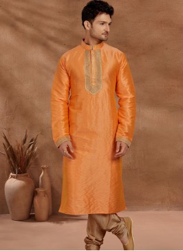 Fashionable Orange and Chikoo Men's Kurta Pajama Set.