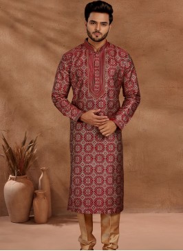 Fashionable Marron and Chikoo Men's Kurta Pajama Set.