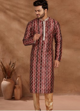 Fashionable Marron and Chikoo Men's Kurta Pajama Set.