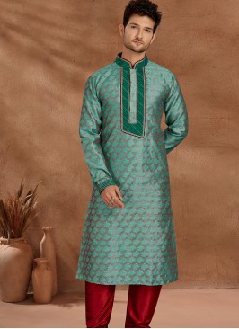 Fashionable Light Rama and Marron Men's Kurta Pajama Set.