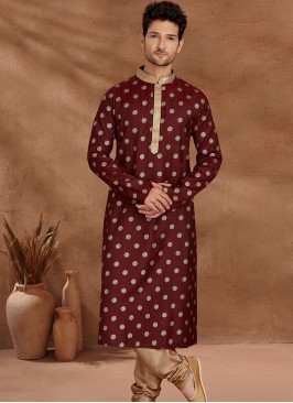 Fashionable Marron and Chikoo Men's Kurta Pajama Set.