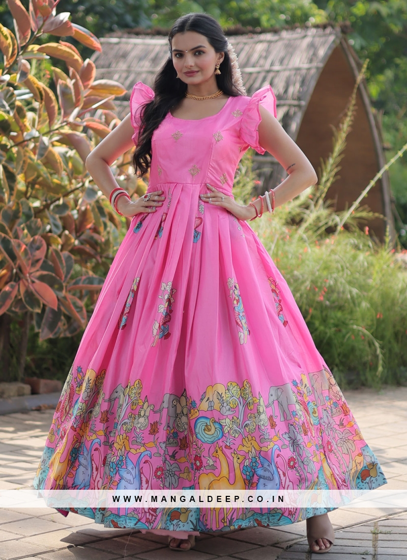 Eye Catching Pink Shibori Embroidered Cotton Anarkali Long Gown Semi  Stitched - SHUBHKALA - 3906865