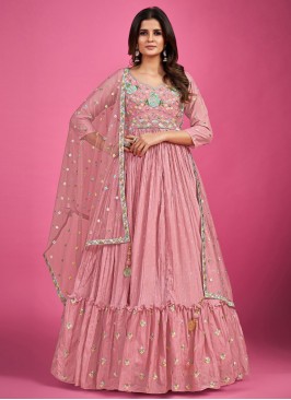 Fashionable Pure Georgette Pink Sequins Designer Gown