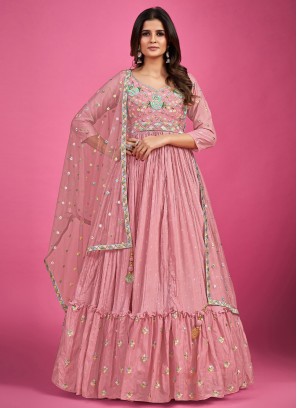 Fashionable Pure Georgette Pink Sequins Designer Gown