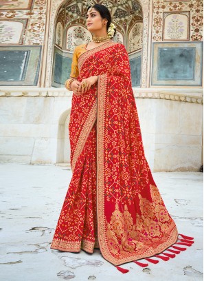 Fashionable Red Patch Border Fancy Fabric Designer Saree