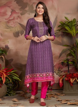 Fashionable Silk Digital Print Purple Party Wear Kurti