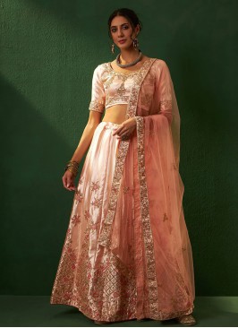 Fashionable Silk Peach Embroidered Trendy Lehenga Choli