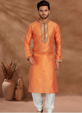 Fashionable Orange and Off White Men's Kurta Pajama Set.