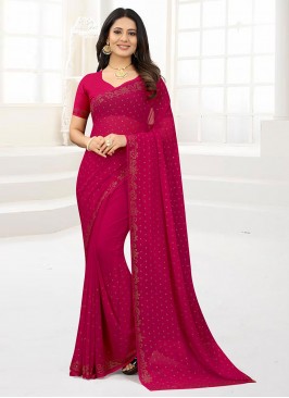 Faux Chiffon Contemporary Saree in Rani
